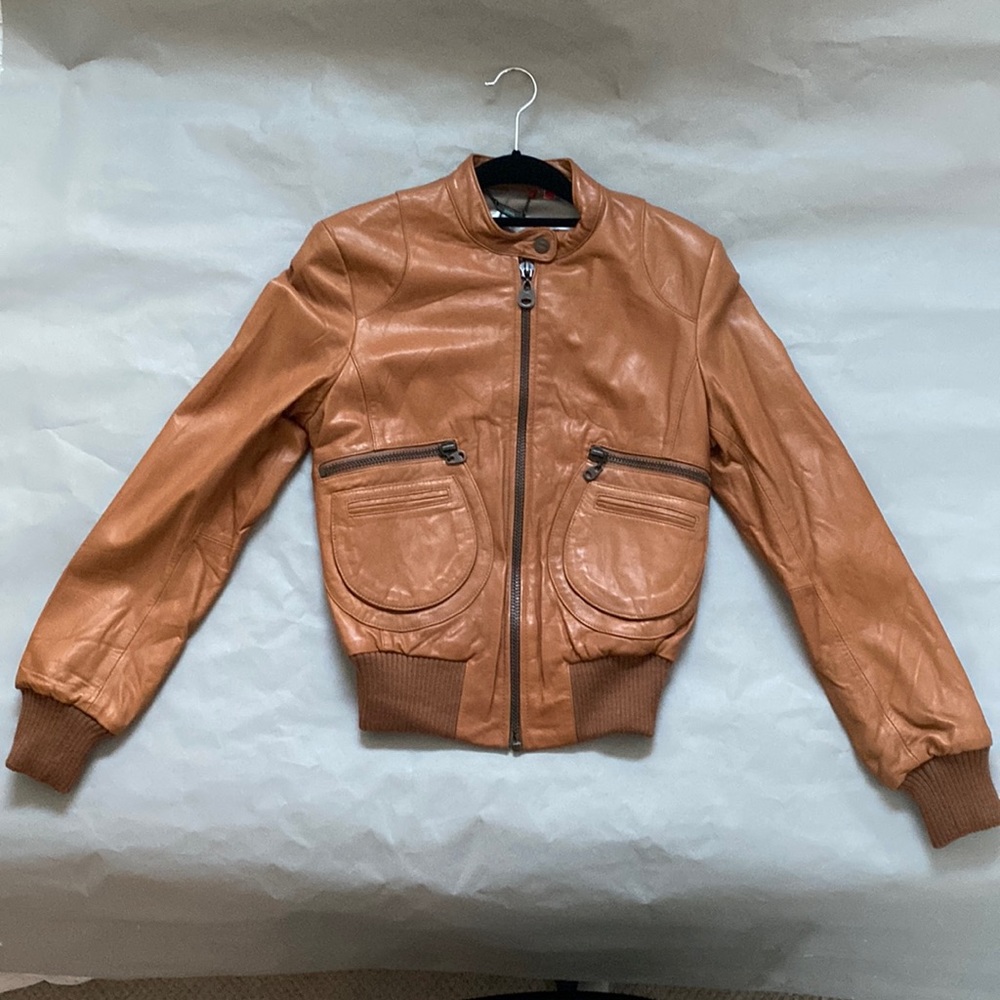 Doma Tan Leather Bomber Jacket Size M